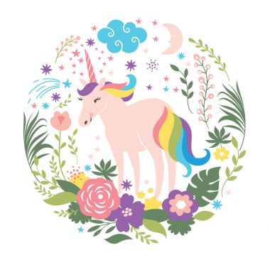 Tek boynuzlu at çiçekler kartpostal ile