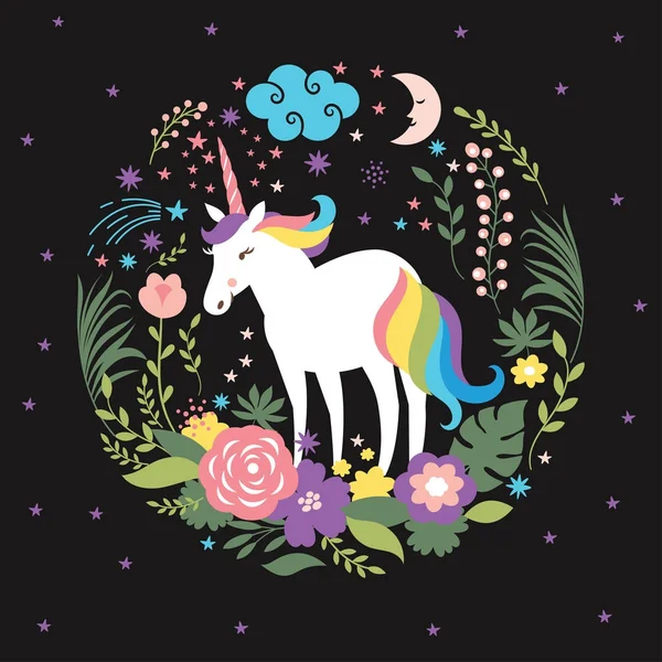 Unicorno con cartolina di fiori — Vettoriale Stock