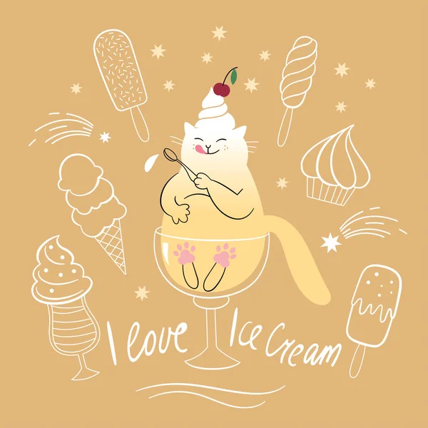 猫咪吃冰激淋卡 — 图库矢量图片