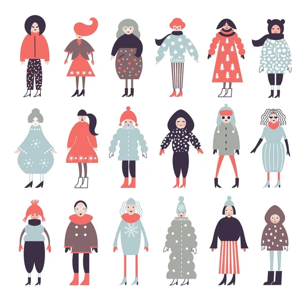 Conjunto de mujeres en ropa de invierno — Vector de stock