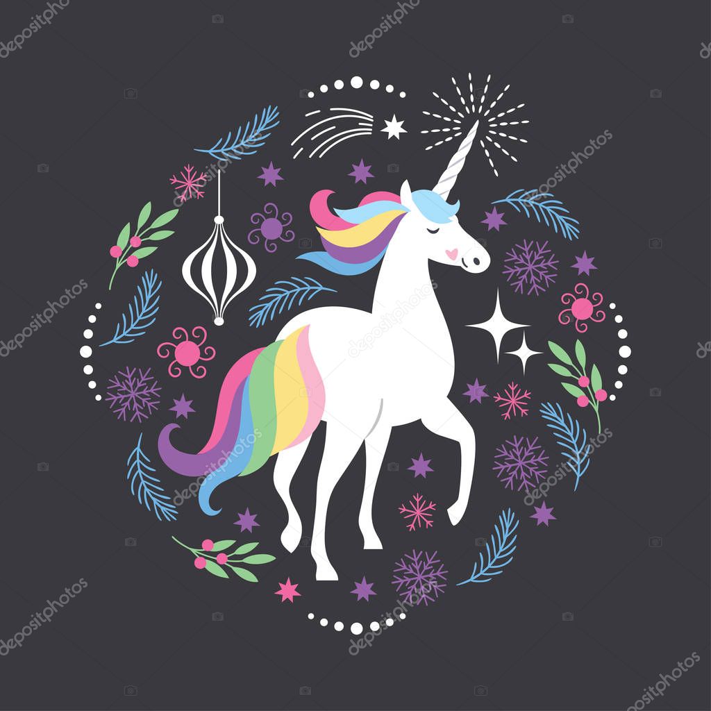 Dark Christmas Unicorn postcard with tree branches and ornaments illustration
