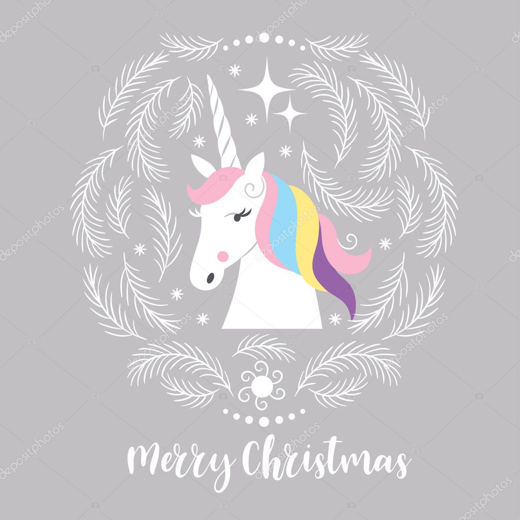 Light Christmas Unicorn postcard with tree branches illustration