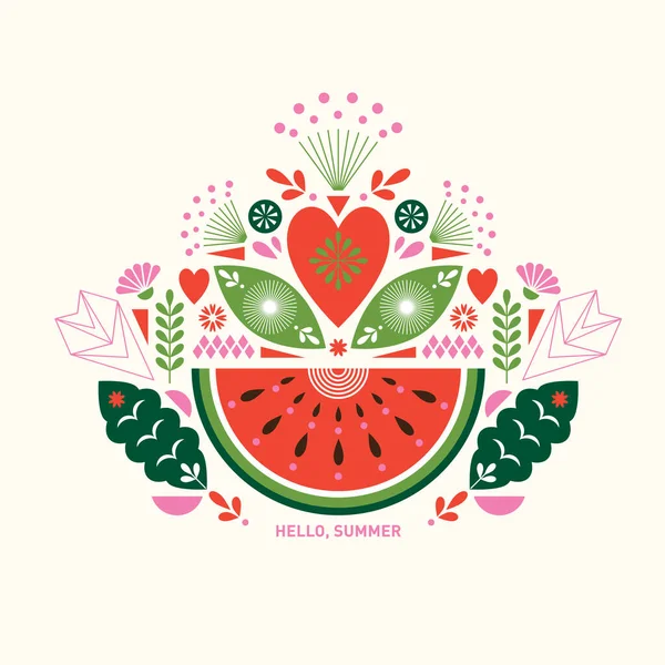 附有西瓜和花卉图解的夏季概念 — 图库矢量图片