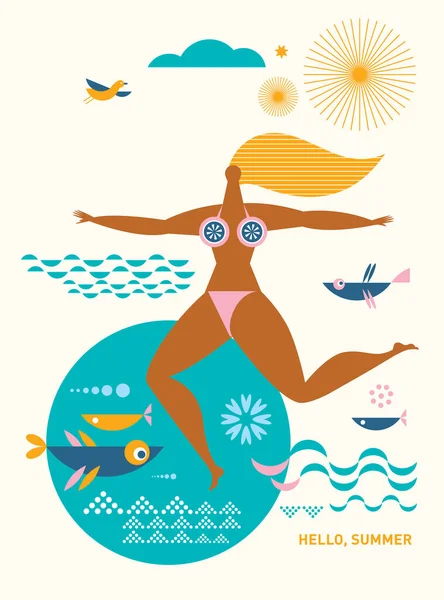 Natación Mujer Joven Ilustración Concepto Vacaciones — Vector de stock