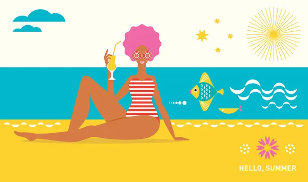Una Joven Playa Hola Summer Ilustración Plana Del Vector — Archivo Imágenes Vectoriales