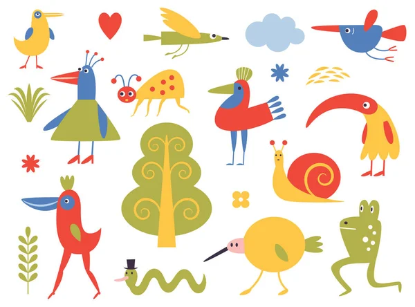 各种鸟和奇怪的生物 儿童图形 可爱的人物 — 图库矢量图片