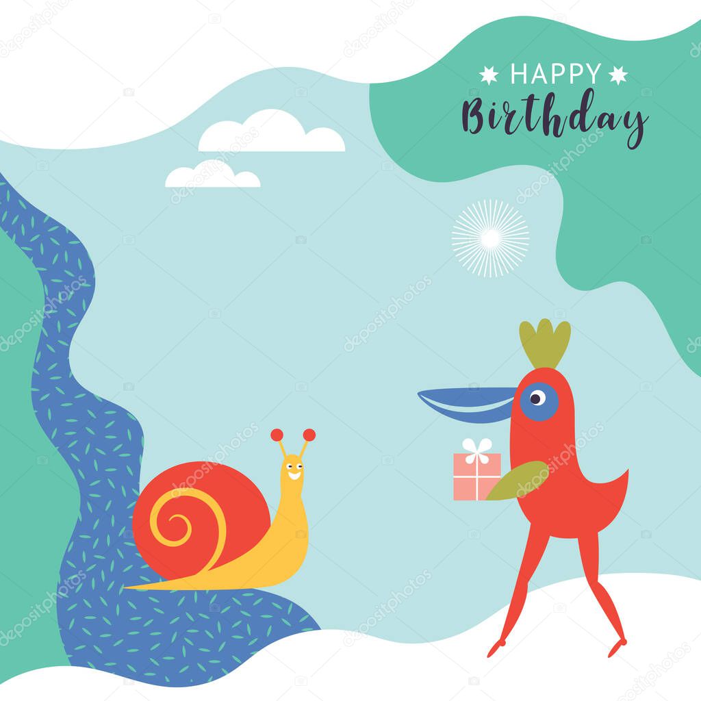 Various birds and bizarre creatures. Children's graphics. Cute characters