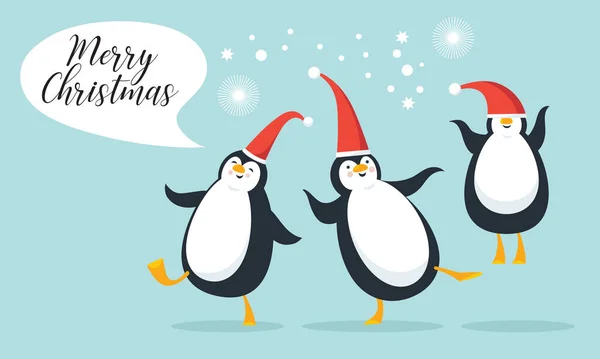 Simpatici Pinguini Divertenti Cartolina Natale Poster Banner Volantino Altro Disegno — Vettoriale Stock