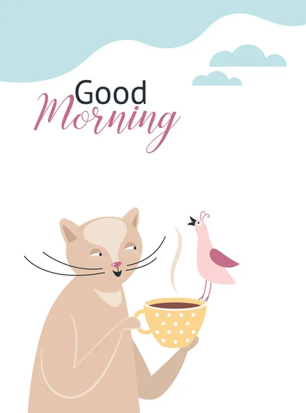 おはようございますカードデザイン ハッピーバースデーカード かわいい猫とお茶と小鳥 — ストックベクタ