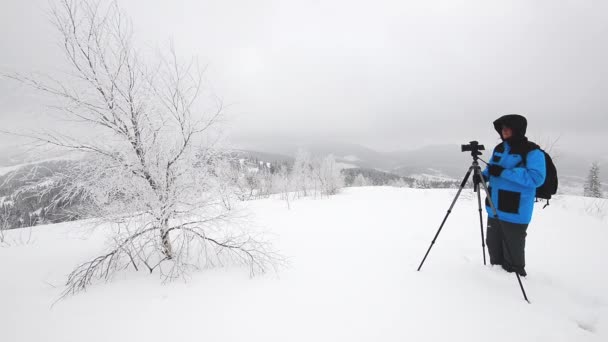 Карпатський ліс з чоловічим фотографом — стокове відео