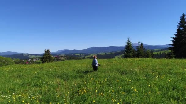 Kvinna i grön sommaräng — Stockvideo