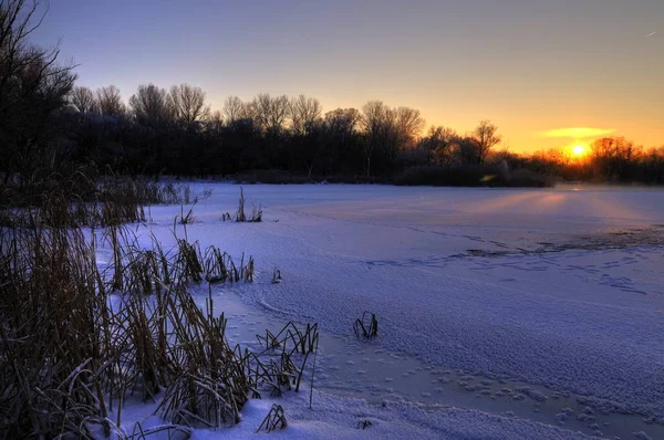 Paisagem de neve mágica um sol dourado — Fotografia de Stock