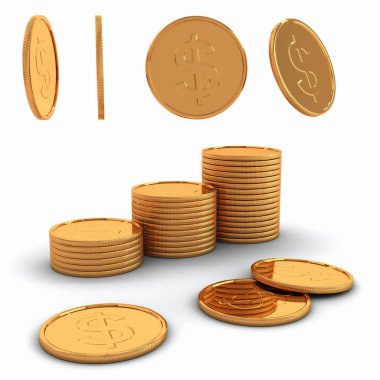3 boyutlu altın sikkeler ve dolar.