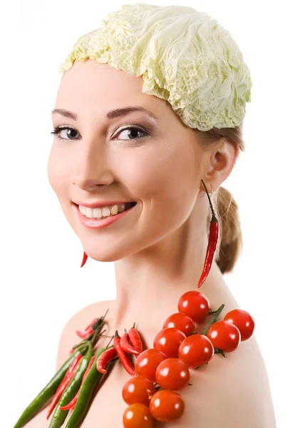 Portrét veselého děvčete s bio zeleninou — Stock fotografie