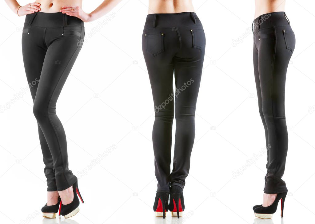 Womans legs in different poses in dark skinny pants