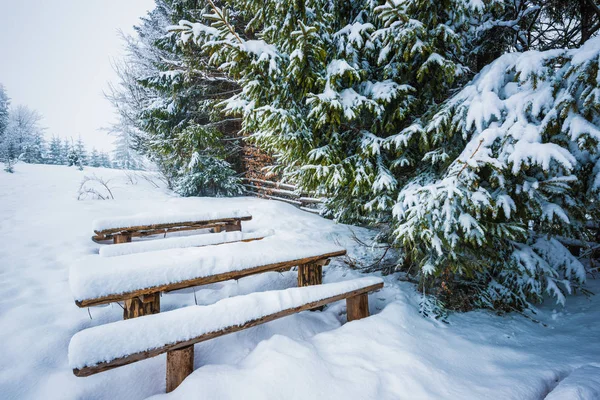 Verschneite Bänke stehen in hohen Schneeverwehungen — Stockfoto