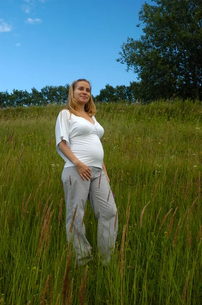 Piękna kobieta w ciąży relaksujący poza w parku — Zdjęcie stockowe