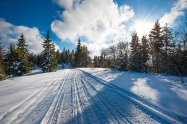 Soğuk kış gününde kar altında ATV ve kayak pistleri