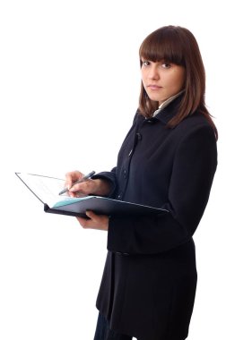 Young beautiful woman holds note book on hands clipart