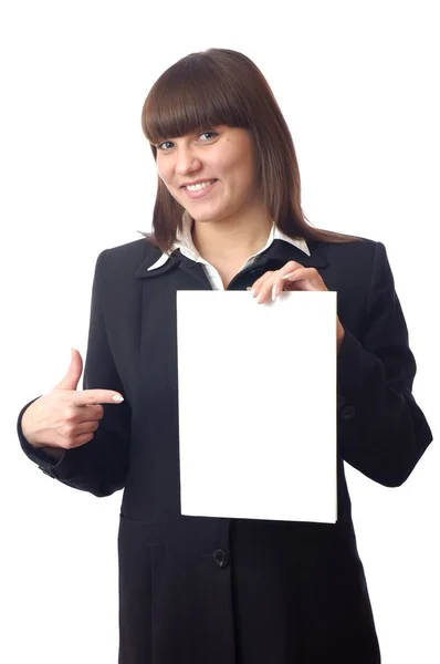 Cheerful businesswoman points finger on document — Stock Photo, Image