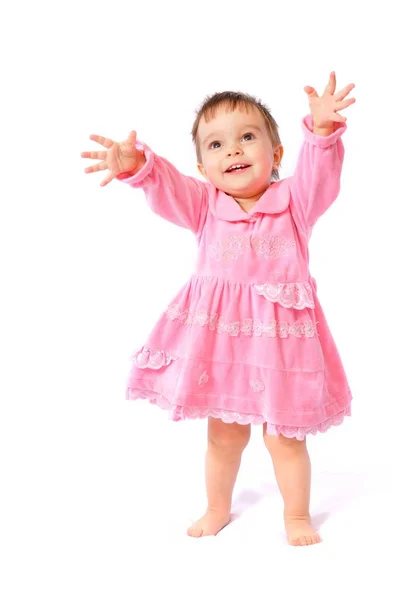 Funny little girl plays with soap bubbles — Stock Photo, Image