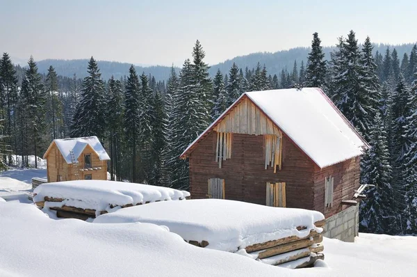 Holzhäuser vor dem Hintergrund des verschneiten Waldes — Stockfoto