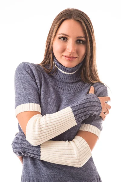 Unidentified young beautiful girl in knitted dress — Stock Photo, Image