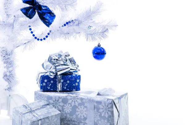 Beautiful New Year presents in silver blue color — Stock Photo, Image