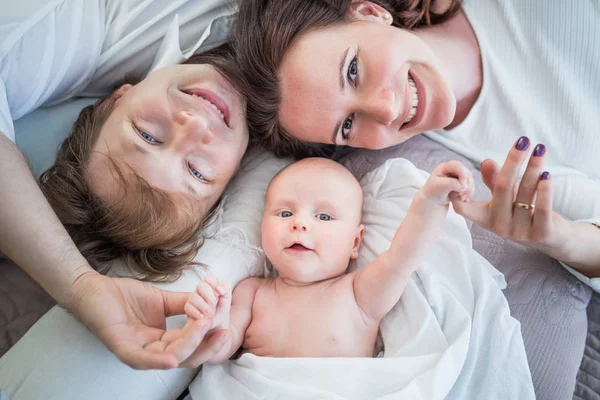 Top view happy positive Young family — Stock Photo, Image