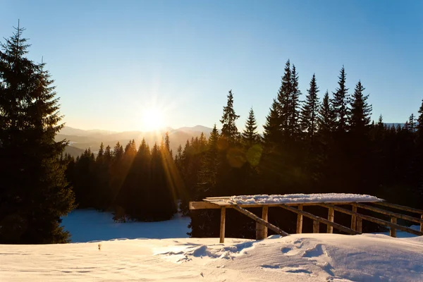 Landschap van zonsondergang boven naaldbos en skisprong — Stockfoto