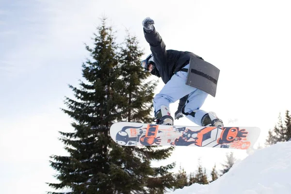 Jongeman in sportkleding snowboarden over dennenbomen achtergrond — Stockfoto