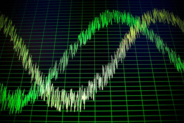 Gröna och gula vågformer och spektogram på datorskärmen — Stockfoto