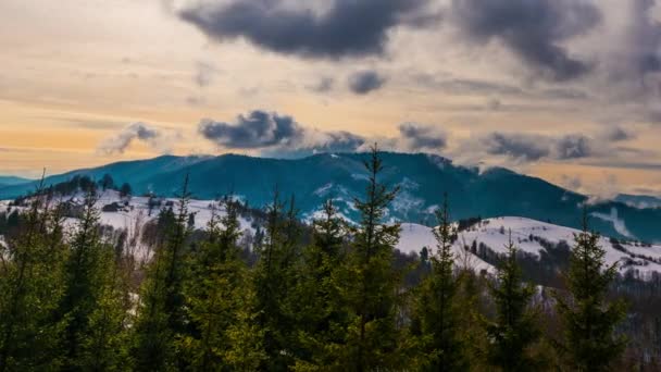 Winter Carpatian Mountains Beautiful Sunset Landscape Bird Eye View Uhd — 비디오