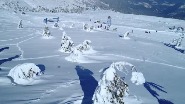 晴れた冬の日に山の中に位置する雄大な雪のドリフトのビューを切り替える 美しい北部の自然と世界の驚異の概念 — ストック動画