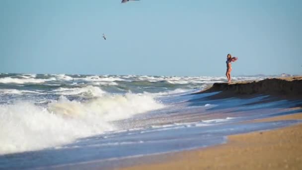 Kvinnan Har Roligt Surfvågor Havet — Stockvideo