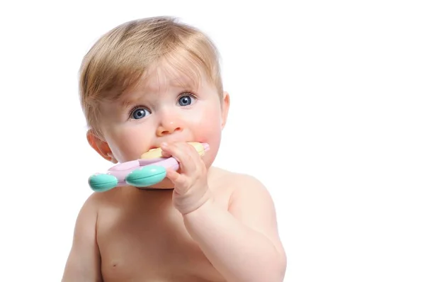 Recém-nascido com mamilo na boca — Fotografia de Stock