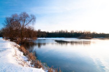Kış manzarası, göl kıyısı karla kaplı.