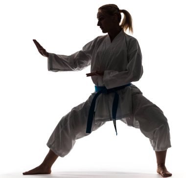 Kimonolu ve karate standında poz veren bir kız.