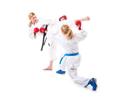 Güzel sarışın kızlar karate çalışıyor.