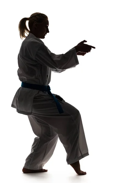 Kimonolu ve karate standında poz veren bir kız. — Stok fotoğraf
