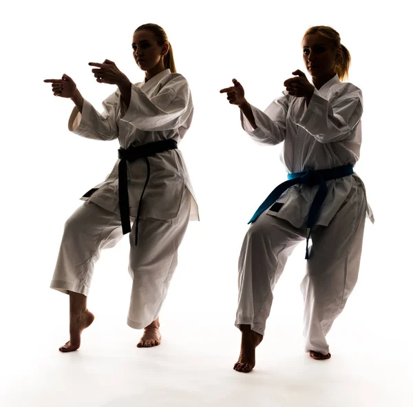 Kimonolu iki kız karate eğitimi alıyor. — Stok fotoğraf