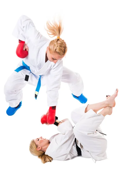 Two girls in sportswear training fight — Stock Photo, Image