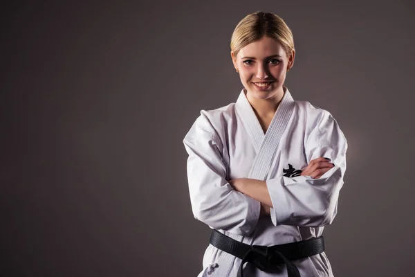stock image Girl blonde karate sportswoman in a kimono