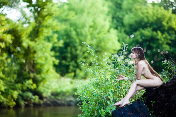 Young fully naked woman sitting on tree trunk over water with trees and green grass at background on summer day Royalty Free Stock Photos