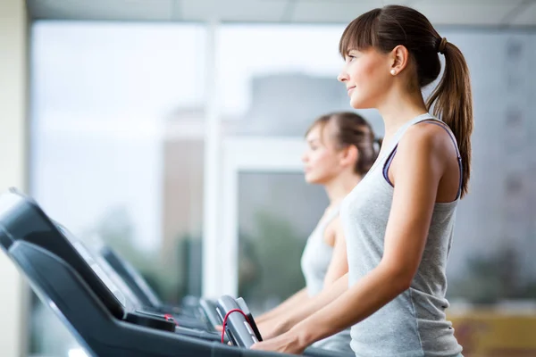 Two young beautiful slim women in sportswear standing on treadmills in gym — Stock Photo, Image