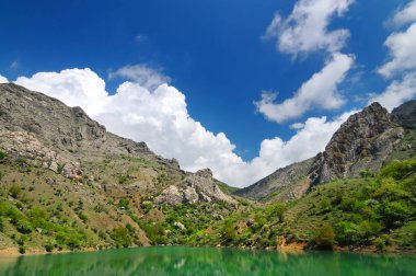 Göl, dağların arasında bulunan masmavi suyla.