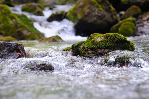 Flusso con cascata e pietre muschiose intorno — Foto Stock