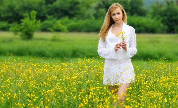 Egy fiatal nő pózol a virágmezőn. — Stock Fotó