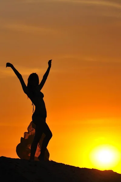 Silhouette of woman in bikini standing and holding pareo in raised hands — Stock Photo, Image