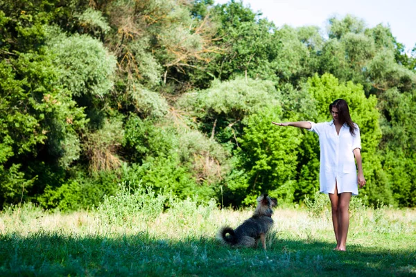 Mladá brunetka žena v bílých šatech hrát se psem na trávě v letní den se zelenými stromy a řeka v pozadí — Stock fotografie